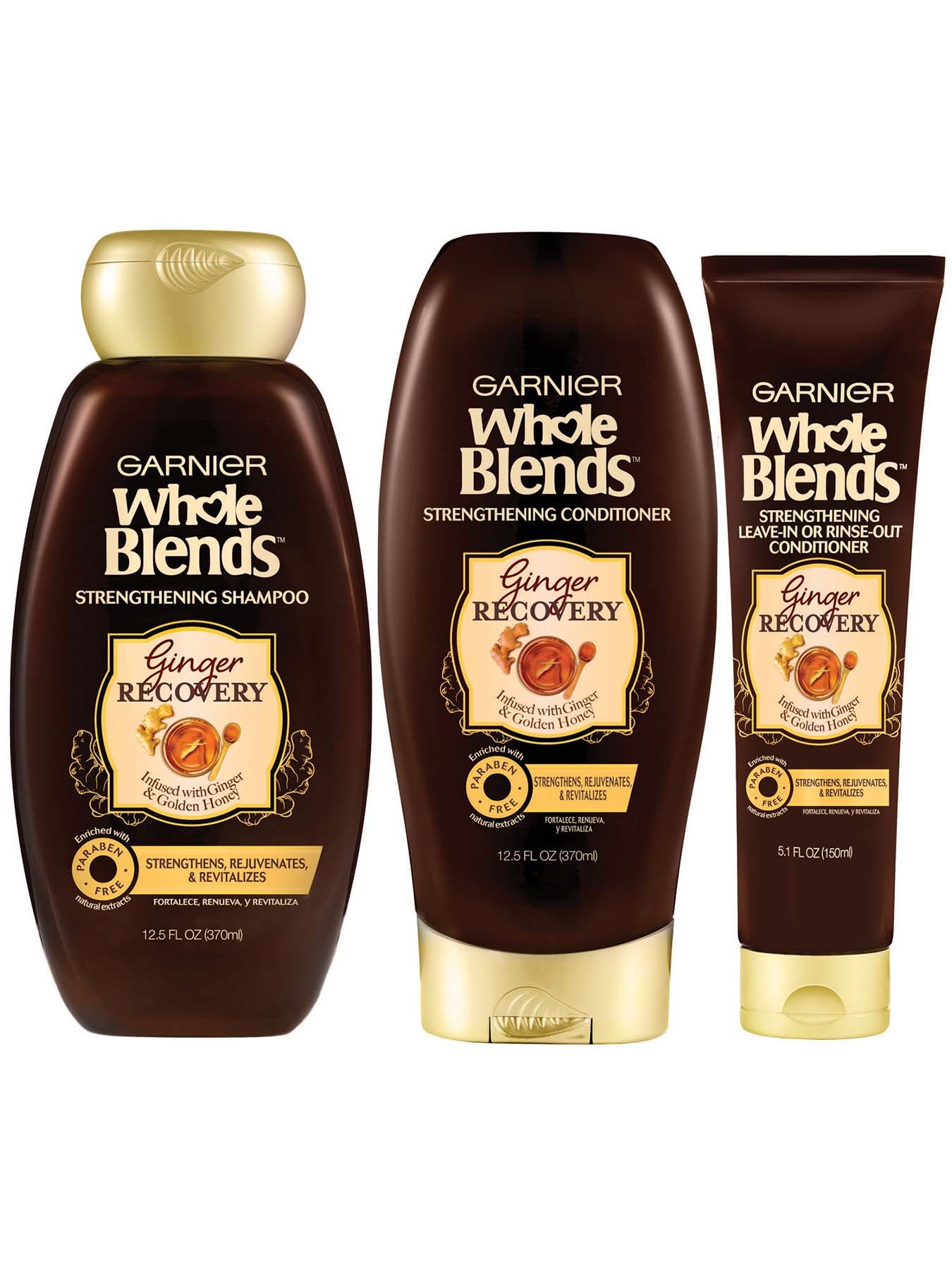 Front view of Garnier Whole Blendsâ„¢ Ginger Recovery Strengthening Shampoo, Ginger Recovery Strengthening Conditioner, and Ginger Recovery Leave-In or Rinse-Out Treatment.